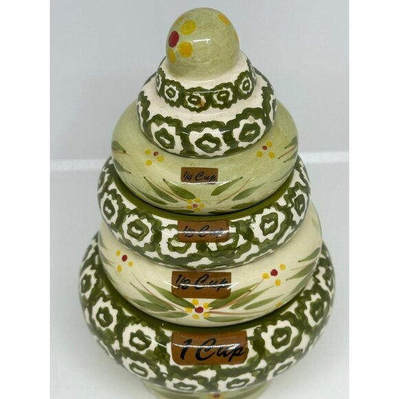 Temp-Tations By Tara Stacking Measuring Cups 5 Set Ceramic Green Floral Design - Picture 2 of 8